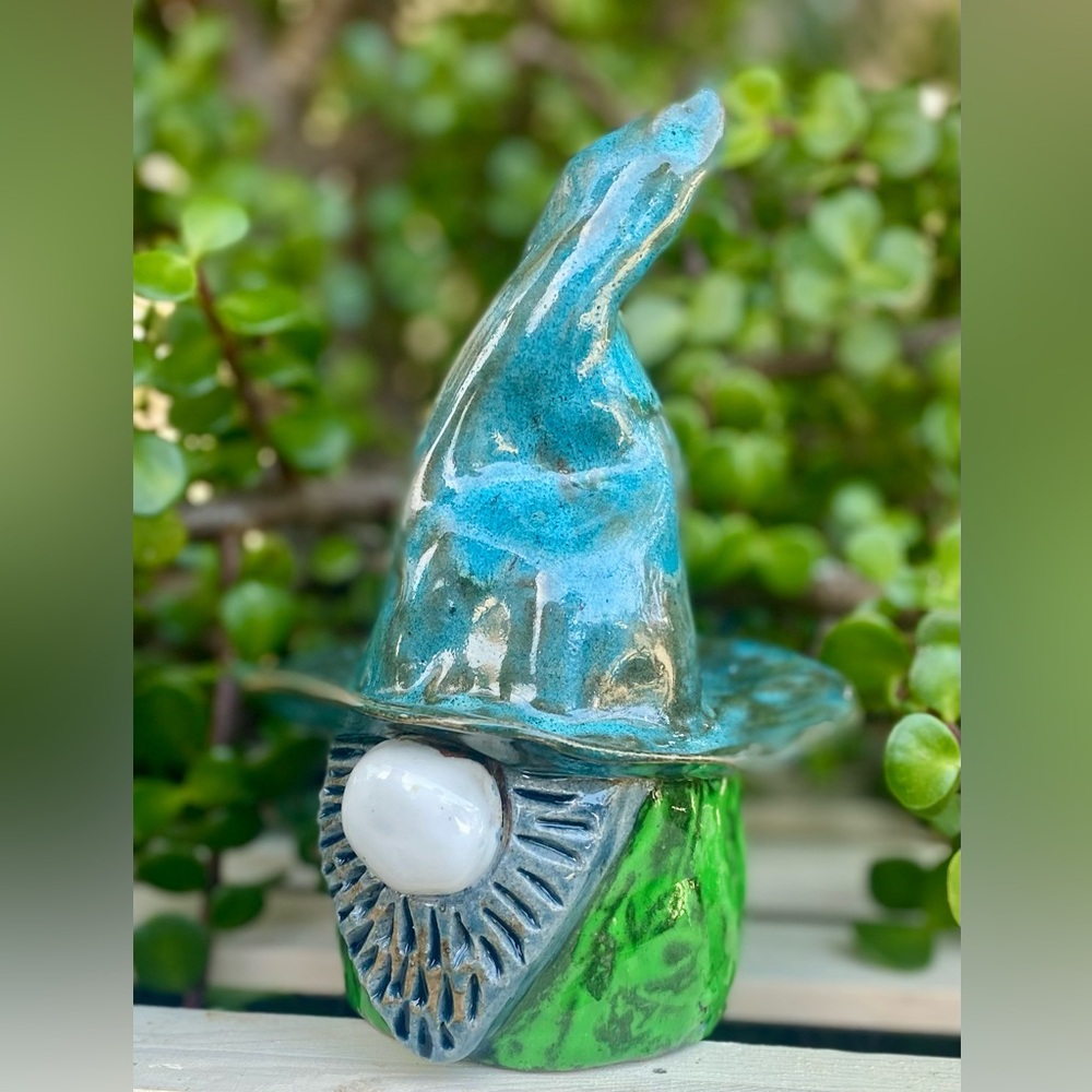 Ceramic Wizard Hat gnome Sculpture in Blue and Green